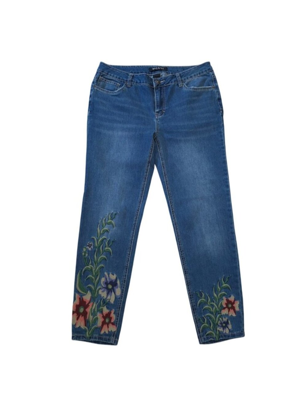 Baccini Blue Jeans Floral Embroidery Straight Leg Womens Size 8 Denim.